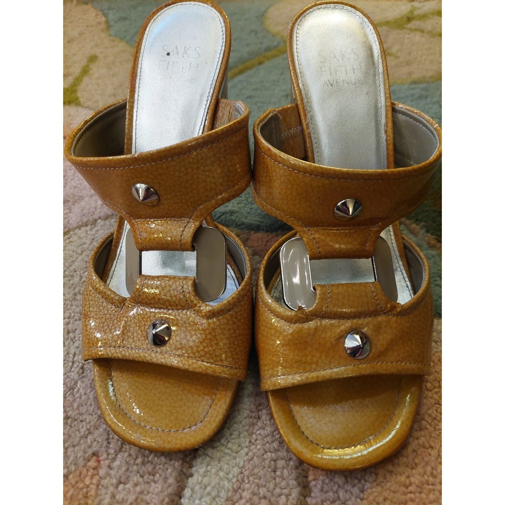 Patent Leather Slide Mule Block Heel Sandals Mustard Tan Saks Fifth Avenue 8M